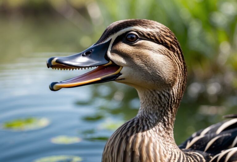 Um pato próximo a um lago com o bico ligeiramente aberto mostrando detalhes das bordas do bico.