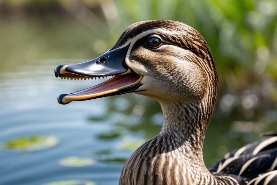 Um pato próximo a um lago com o bico ligeiramente aberto mostrando detalhes das bordas do bico.