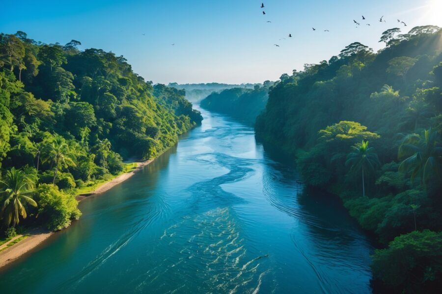 Rio Congo profundo cercado por floresta tropical densa e céu claro.
