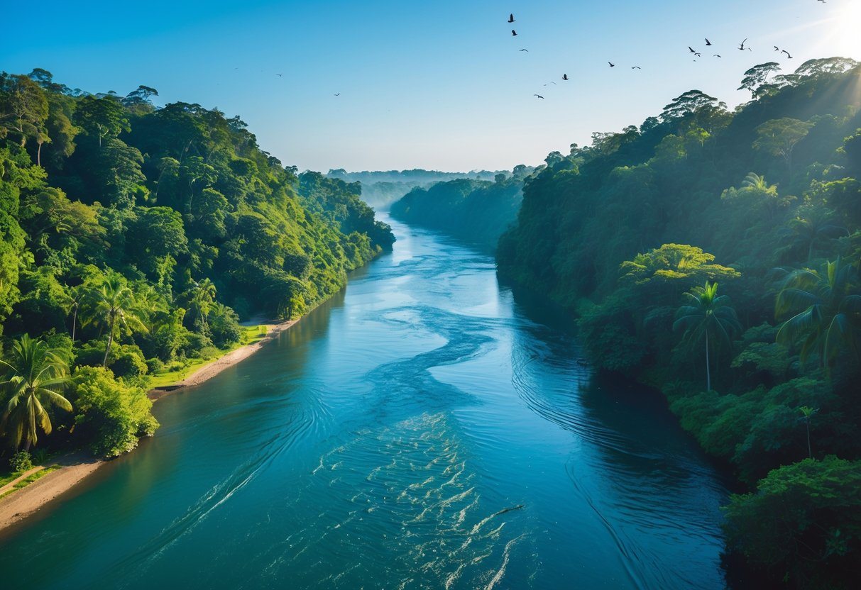 Rio Congo profundo cercado por floresta tropical densa e céu claro.
