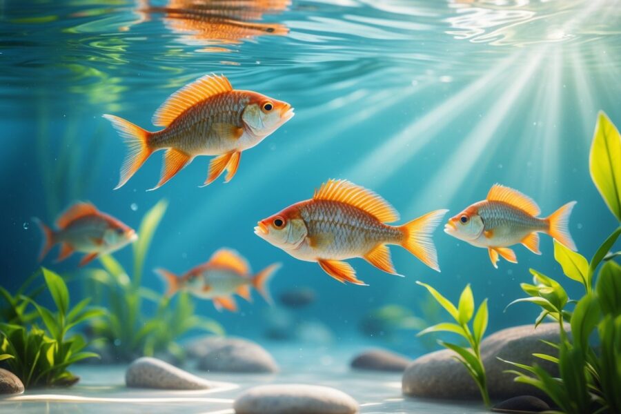 Peixes tilápia nadando em um ambiente subaquático claro e tranquilo com plantas aquáticas.