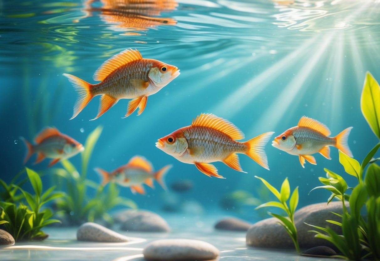 Peixes tilápia nadando em um ambiente subaquático claro e tranquilo com plantas aquáticas.