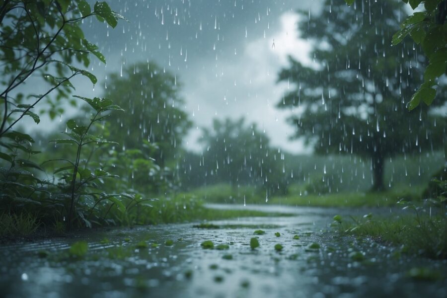 Cena ao ar livre com chuva leve e esparsa caindo sobre árvores e plantas, com pequenas poças d'água no chão.