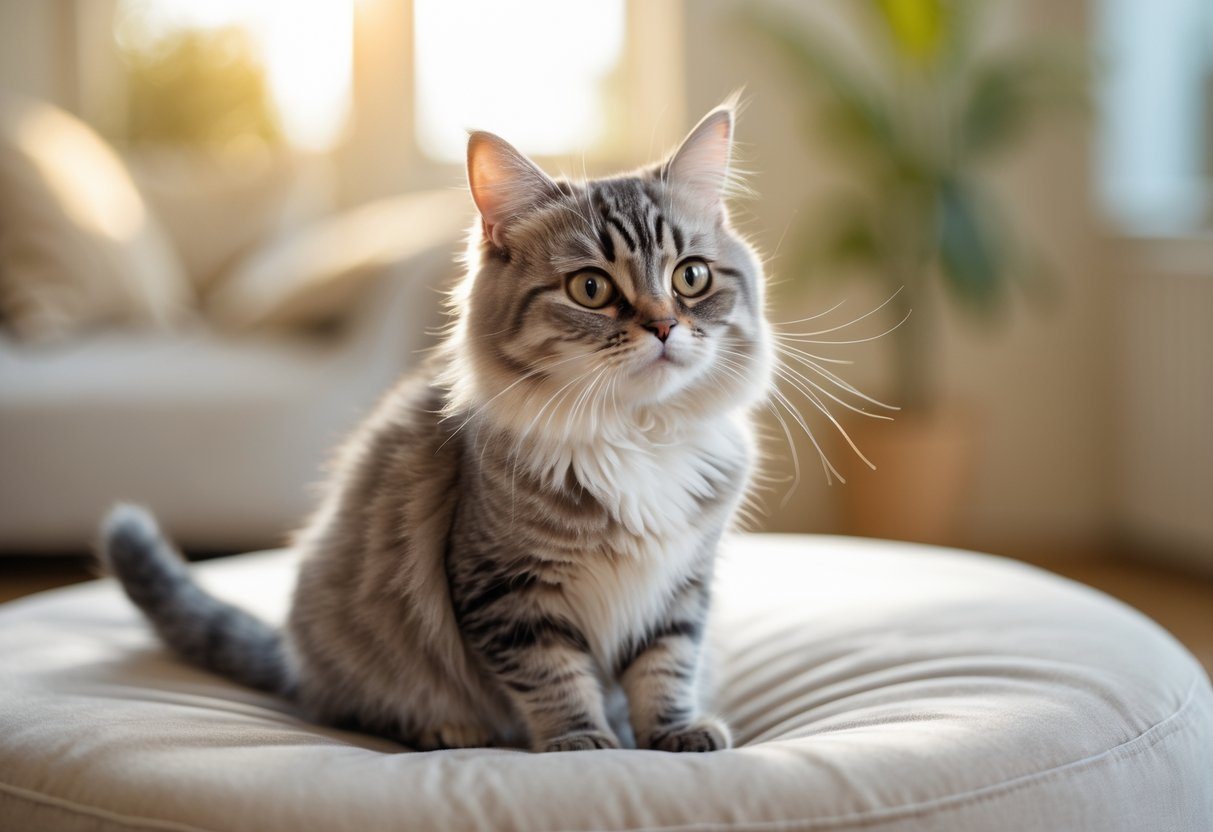 Um gato munchkin cinza e branco sentado sobre uma superfície clara em ambiente interno bem iluminado.