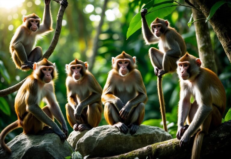 Vários tipos de macacos em seu habitat natural na floresta, incluindo macacos-prego, bugios, macacos-aranha e saguis.
