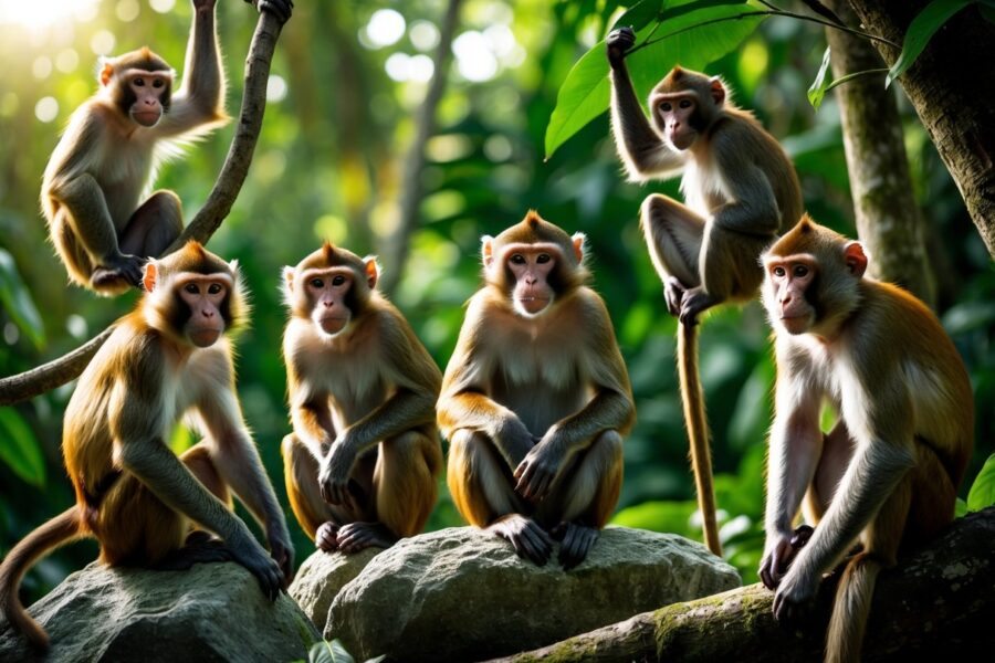 Vários tipos de macacos em seu habitat natural na floresta, incluindo macacos-prego, bugios, macacos-aranha e saguis.