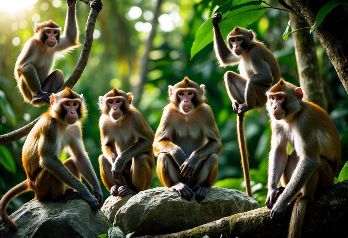 Vários tipos de macacos em seu habitat natural na floresta, incluindo macacos-prego, bugios, macacos-aranha e saguis.