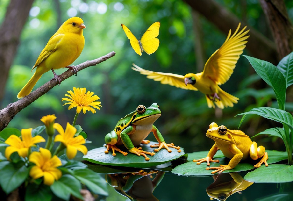 Vários animais amarelos em um ambiente natural, incluindo um canário, uma borboleta, um sapo e um arara, todos em um cenário verde e iluminado.