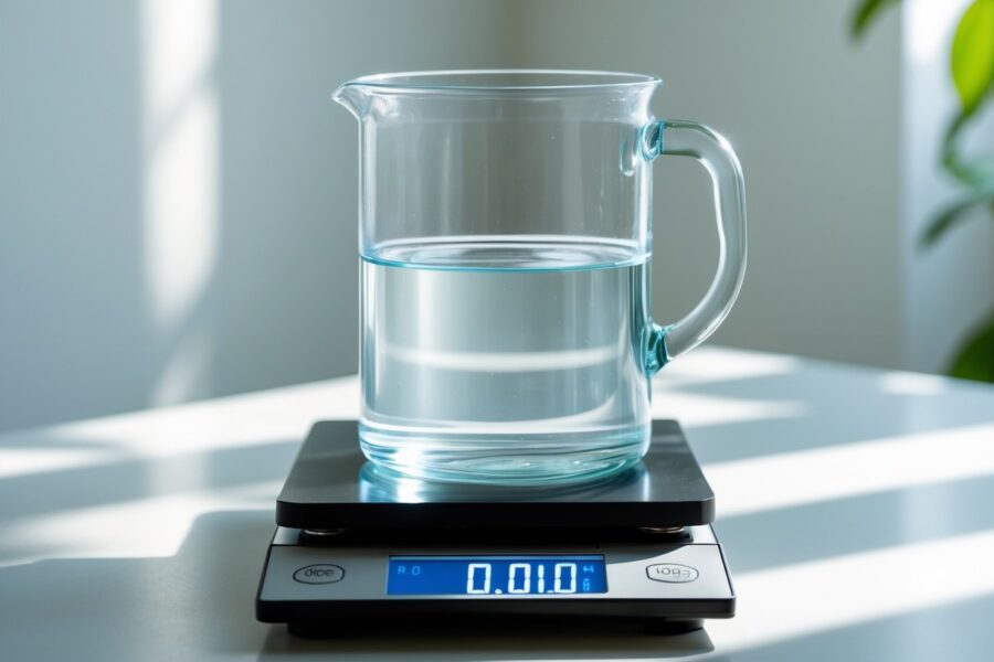 Um recipiente de vidro transparente com um litro de água sobre uma balança digital mostrando o peso.