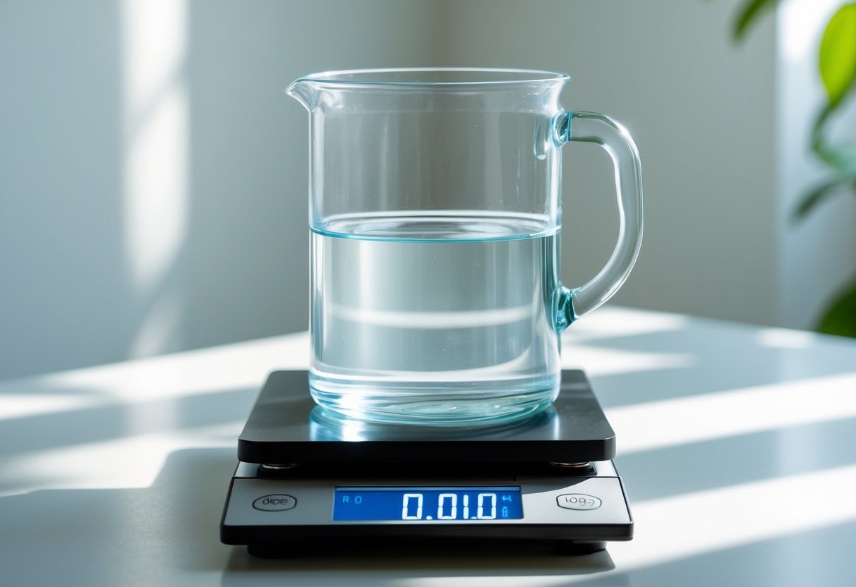 Um recipiente de vidro transparente com um litro de água sobre uma balança digital mostrando o peso.