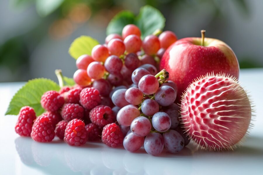 Uma variedade de frutas vermelhas frescas, incluindo framboesas, uvas, maçã e rambutan, organizadas sobre uma superfície branca.