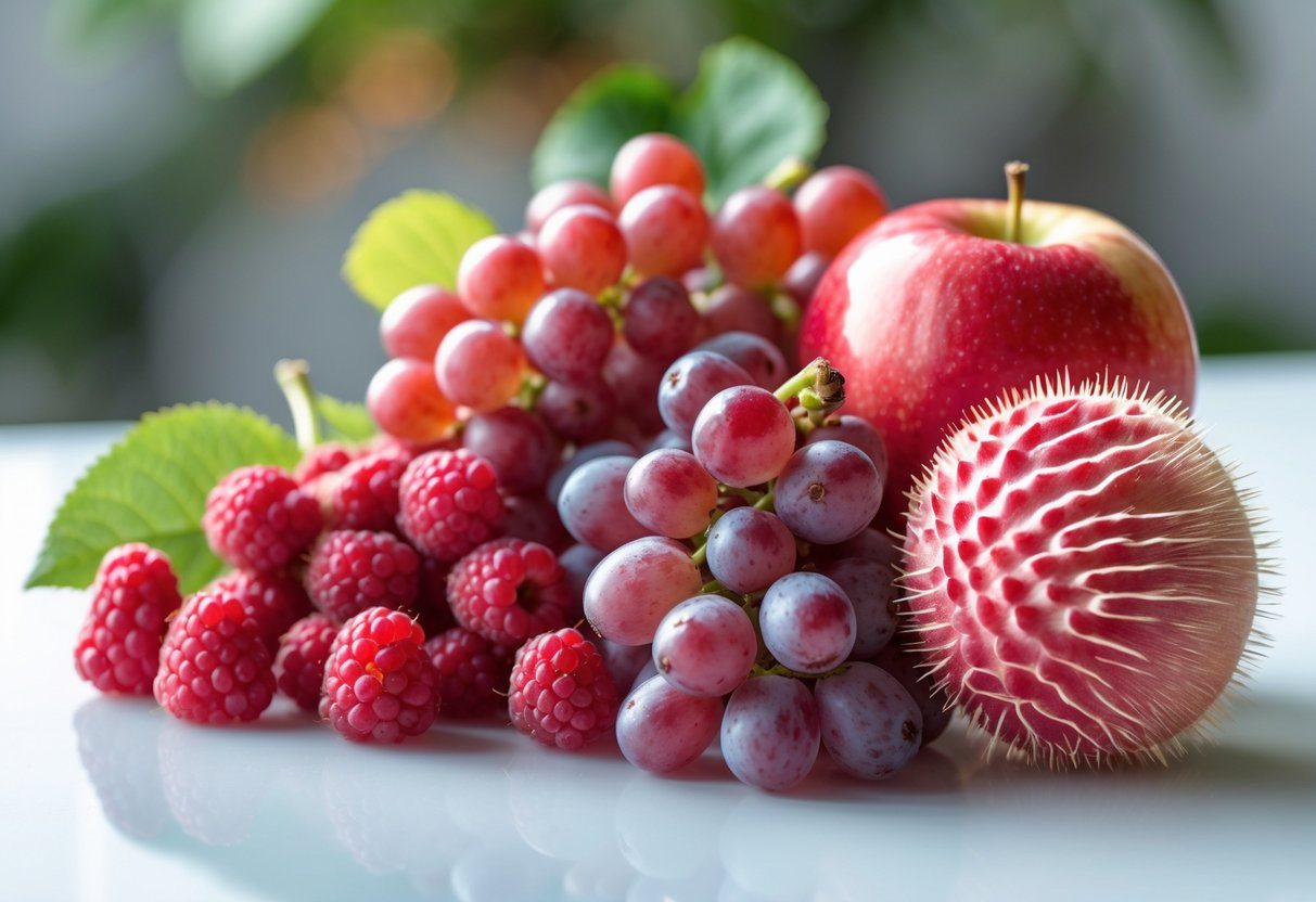 Uma variedade de frutas vermelhas frescas, incluindo framboesas, uvas, maçã e rambutan, organizadas sobre uma superfície branca.