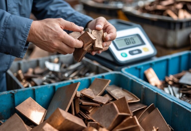 Pessoa segurando pedaços de bronze sobre uma balança digital em um centro de reciclagem de metais.