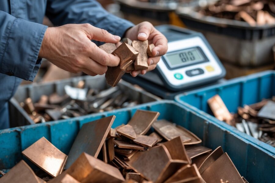 Pessoa segurando pedaços de bronze sobre uma balança digital em um centro de reciclagem de metais.
