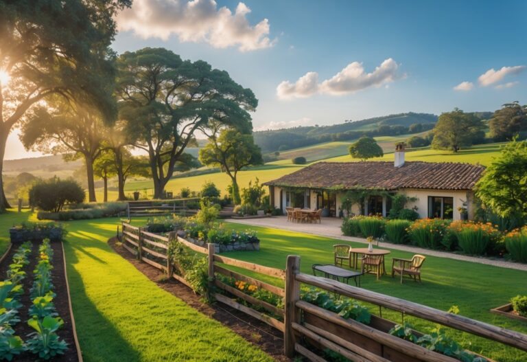 Paisagem rural com uma casa de campo cercada por árvores, jardim e área externa com cadeiras e mesa, sob céu azul com poucas nuvens.