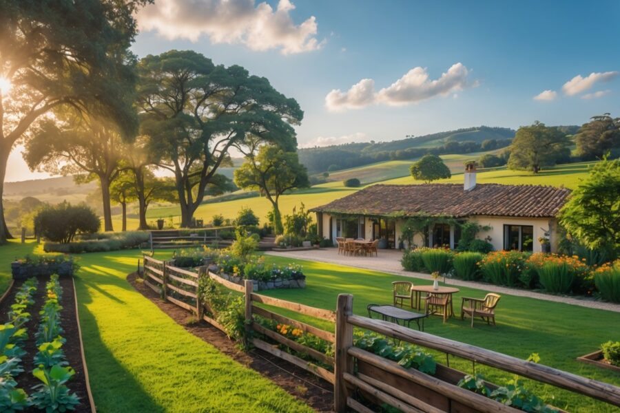 Paisagem rural com uma casa de campo cercada por árvores, jardim e área externa com cadeiras e mesa, sob céu azul com poucas nuvens.