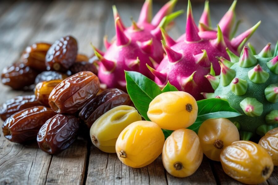 Frutas frescas como tâmaras e pitayas arranjadas sobre uma superfície de madeira.