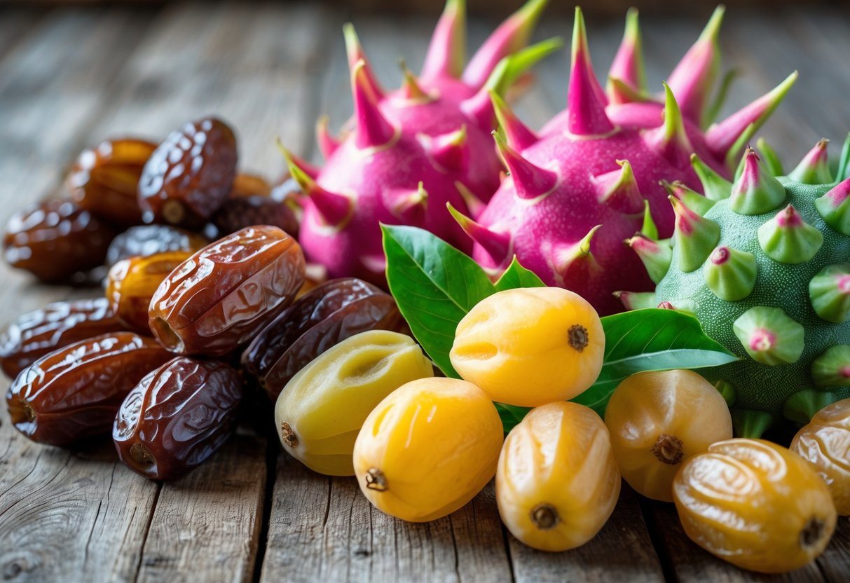 Frutas frescas como tâmaras e pitayas arranjadas sobre uma superfície de madeira.