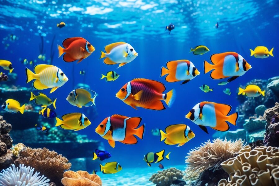 Vários peixes tropicais coloridos nadando em água azul clara com corais e plantas aquáticas ao redor.