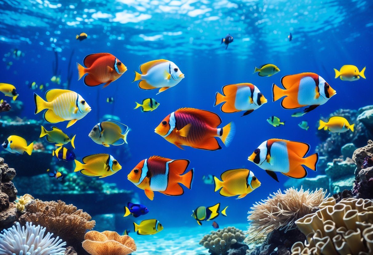 Vários peixes tropicais coloridos nadando em água azul clara com corais e plantas aquáticas ao redor.