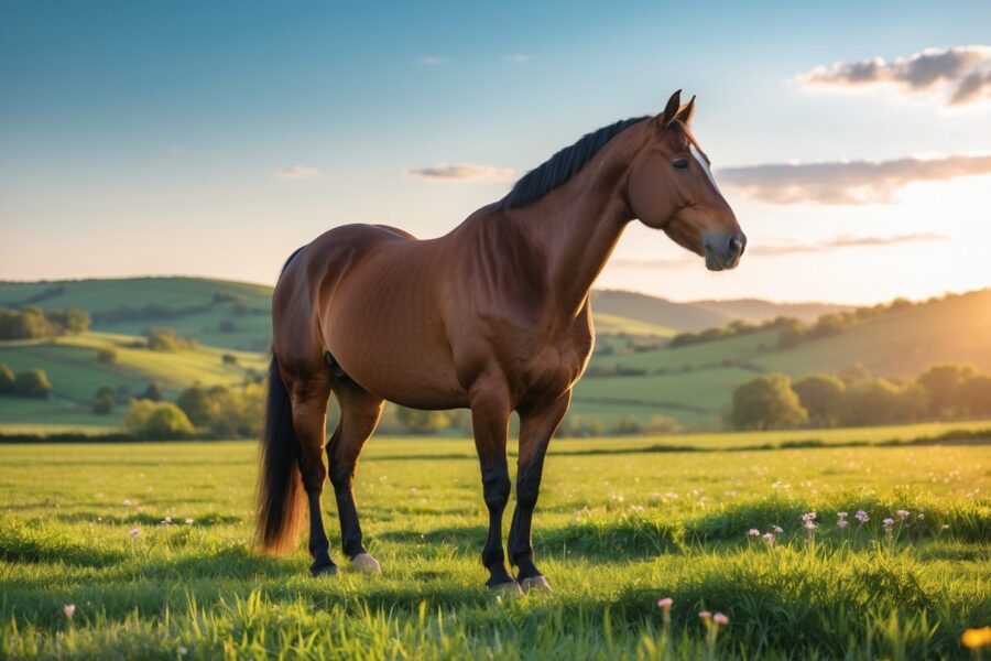 Um cavalo majestoso em um pasto verde iluminado pelo sol, com colinas ao fundo e céu azul.