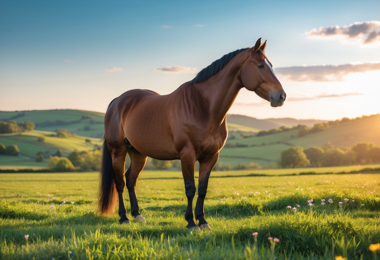 Um cavalo majestoso em um pasto verde iluminado pelo sol, com colinas ao fundo e céu azul.