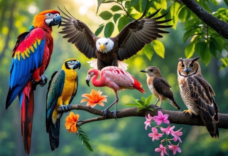 Vários pássaros famosos, como arara, águia, flamingo, beija-flor e coruja, em um ambiente natural com árvores e luz do sol.