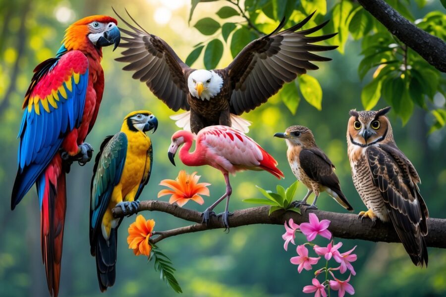 Vários pássaros famosos, como arara, águia, flamingo, beija-flor e coruja, em um ambiente natural com árvores e luz do sol.