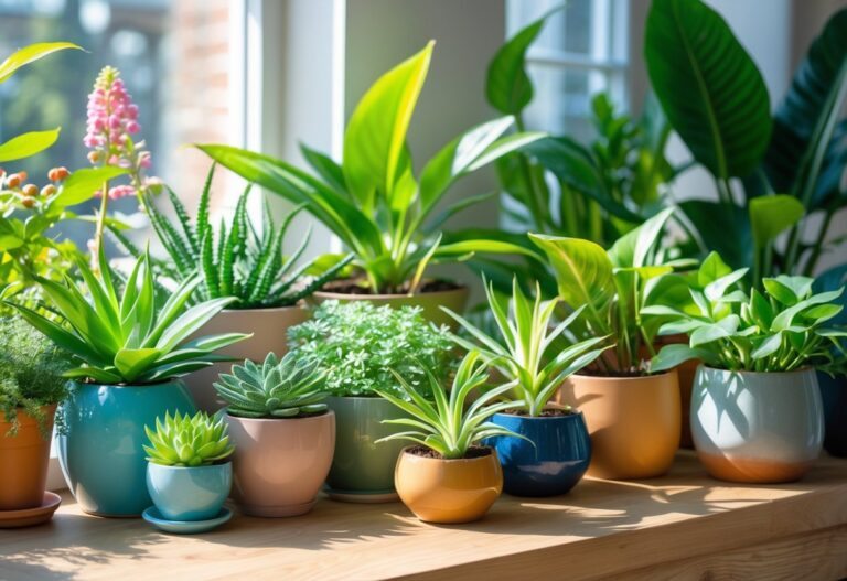Várias plantas saudáveis em vasos sobre uma mesa de madeira, iluminadas pela luz natural de uma janela próxima.