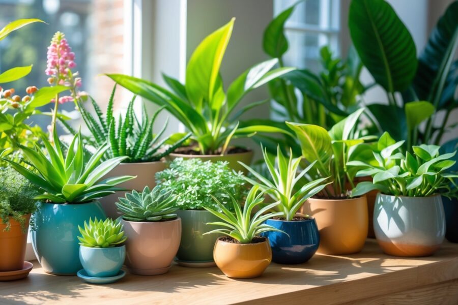 Várias plantas saudáveis em vasos sobre uma mesa de madeira, iluminadas pela luz natural de uma janela próxima.