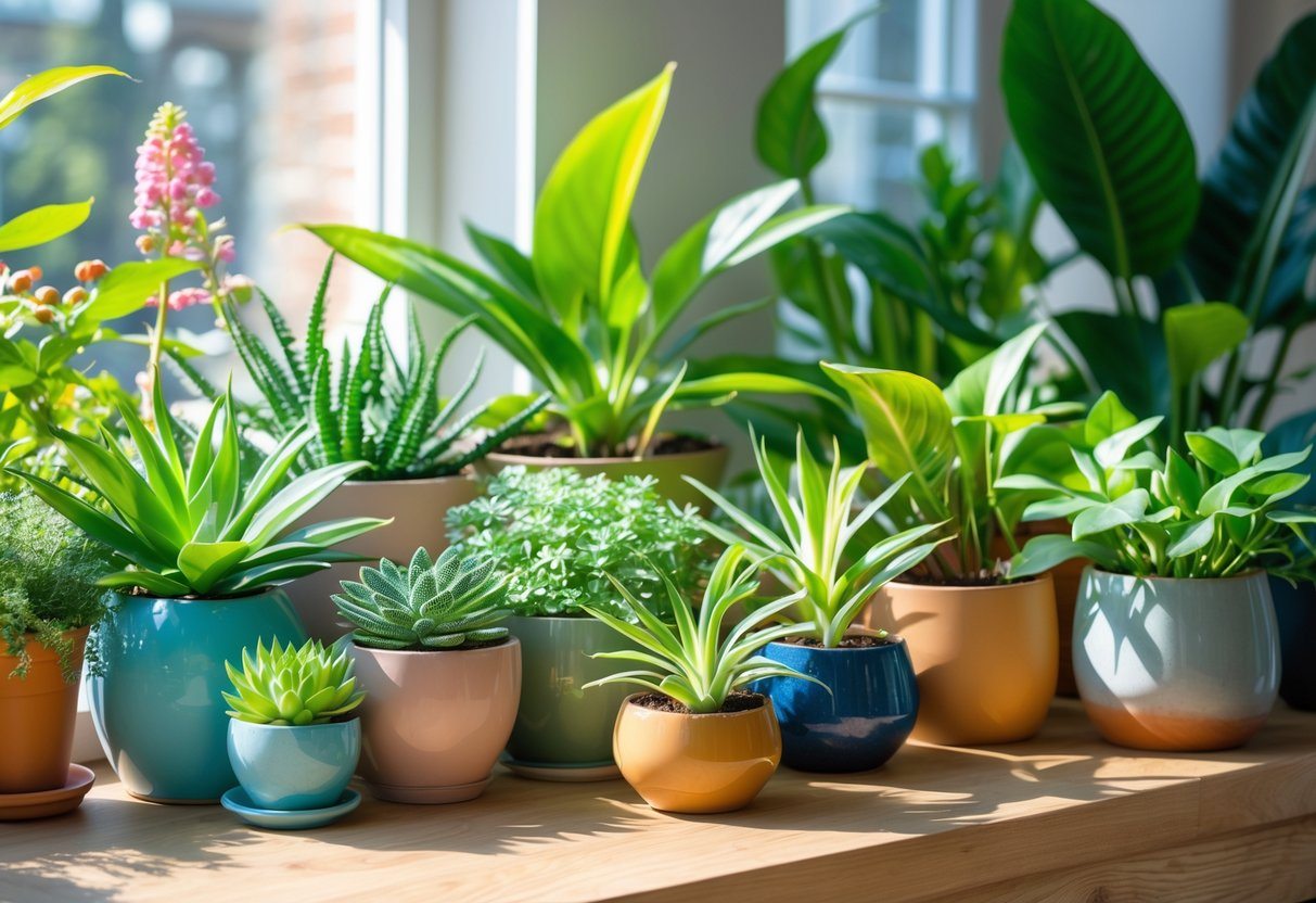 Várias plantas saudáveis em vasos sobre uma mesa de madeira, iluminadas pela luz natural de uma janela próxima.