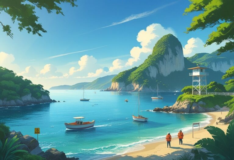 Vista da baía de Angra dos Reis com ilhas verdes, barcos no mar e sinais de alerta próximos às pedras.