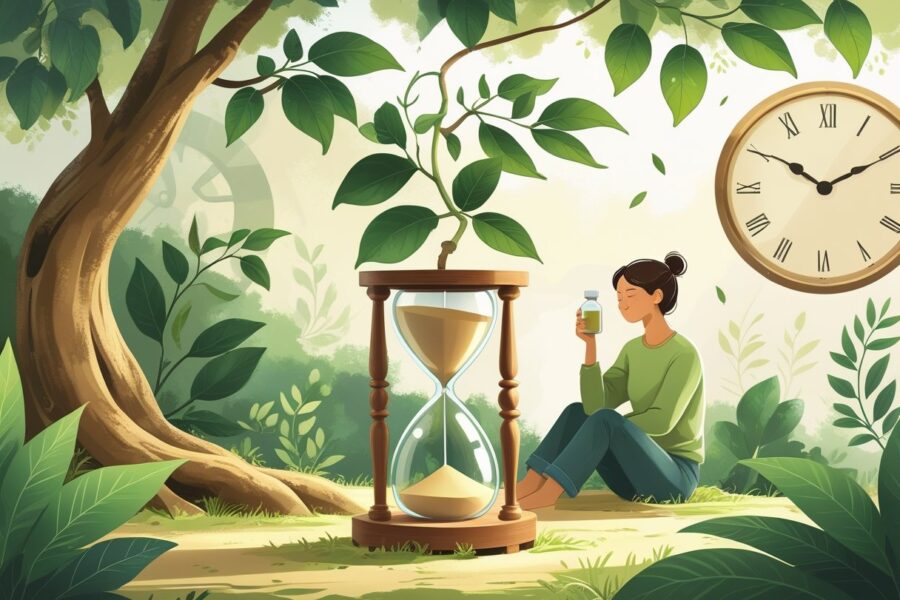 Uma árvore de sucupira em um ambiente natural com uma ampulheta ao lado e uma pessoa segurando uma xícara, simbolizando o tempo para a planta fazer efeito.