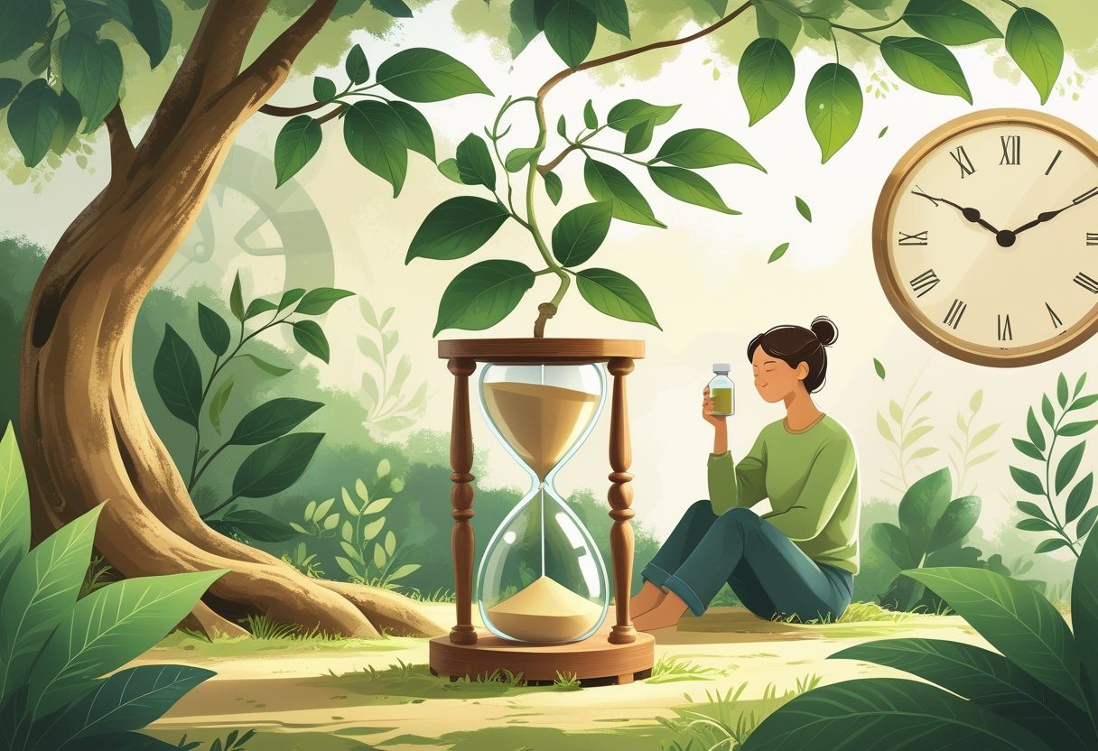 Uma árvore de sucupira em um ambiente natural com uma ampulheta ao lado e uma pessoa segurando uma xícara, simbolizando o tempo para a planta fazer efeito.
