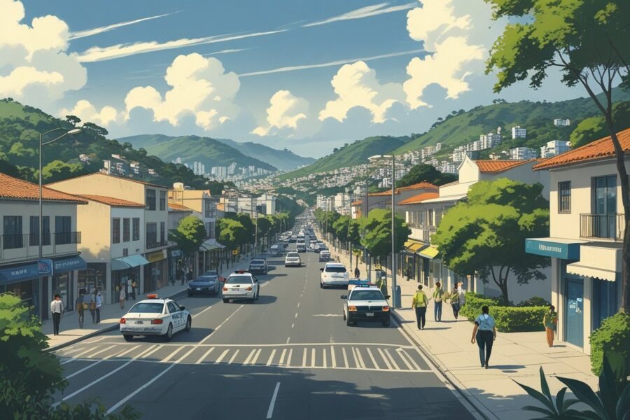 Vista da cidade de Taboão da Serra com ruas, prédios, árvores, pessoas andando e um carro de polícia estacionado, transmitindo uma sensação de atenção e segurança.