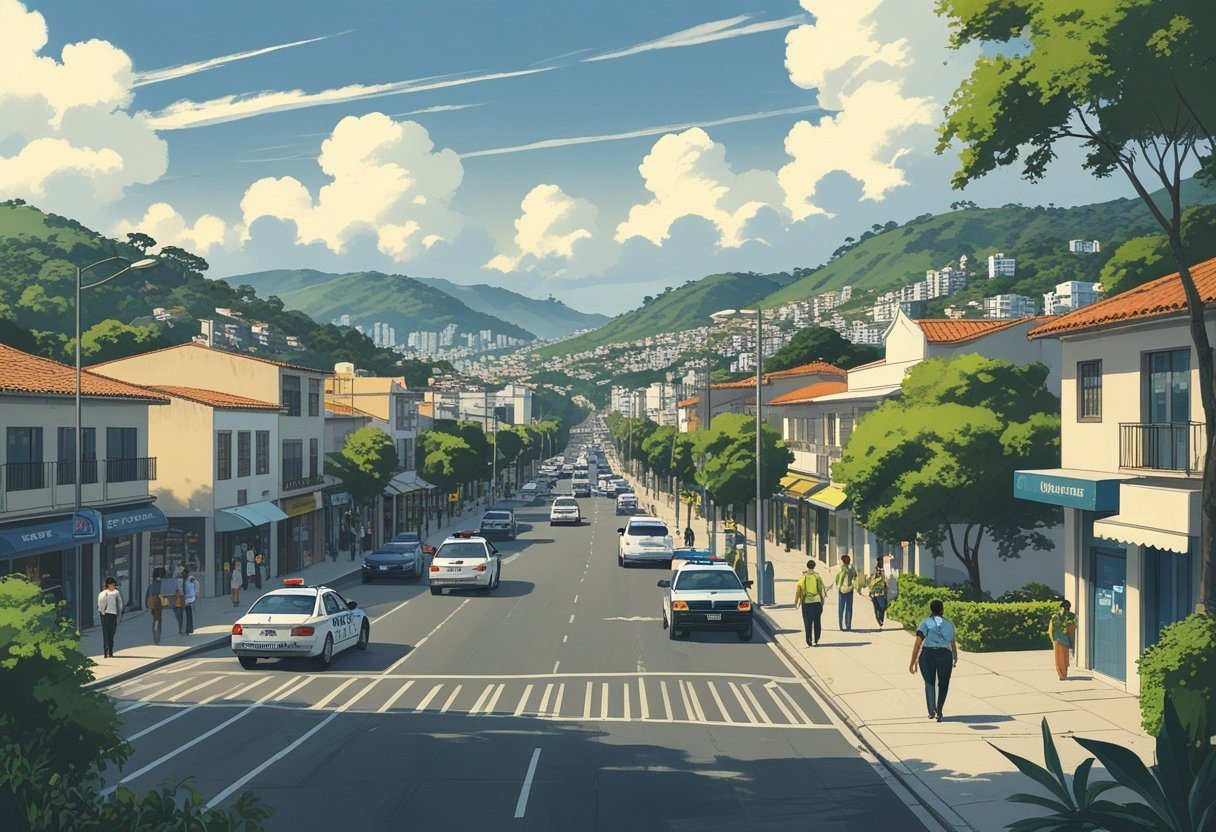 Vista da cidade de Taboão da Serra com ruas, prédios, árvores, pessoas andando e um carro de polícia estacionado, transmitindo uma sensação de atenção e segurança.
