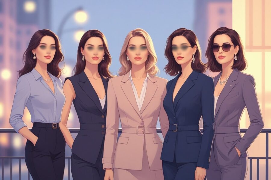 Cinco mulheres famosas em um ambiente urbano ao entardecer, com os rostos parcialmente ocultos para representar privacidade.