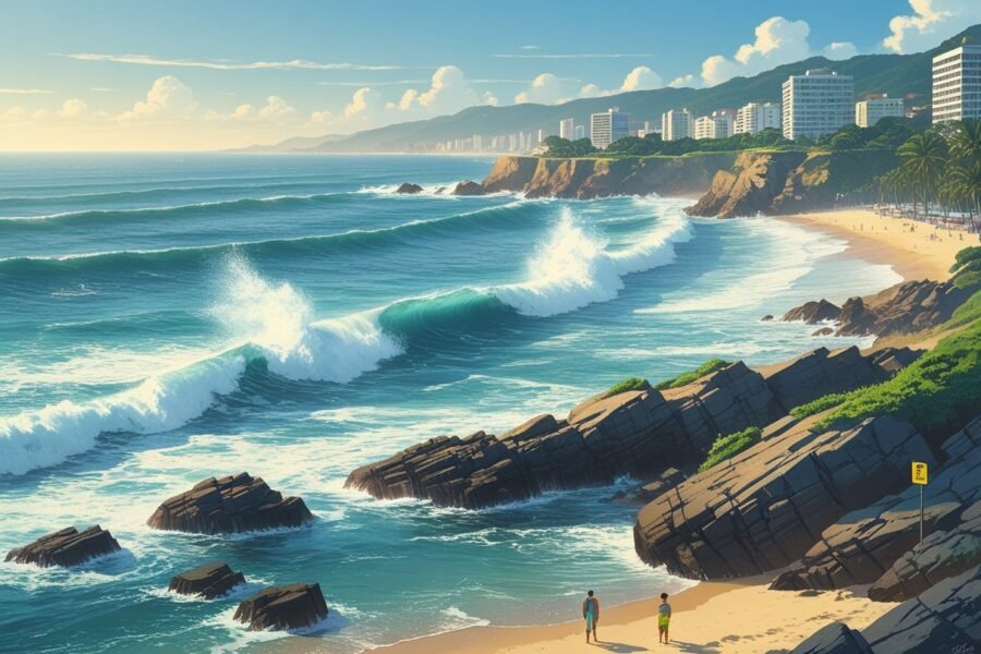 Vista do Canto do Forte em Praia Grande com ondas fortes batendo nas pedras e pessoas observando a praia de uma distância segura.