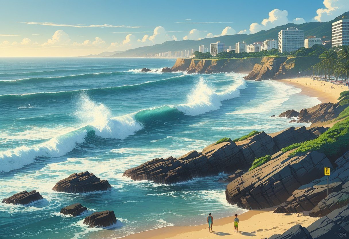 Vista do Canto do Forte em Praia Grande com ondas fortes batendo nas pedras e pessoas observando a praia de uma distância segura.