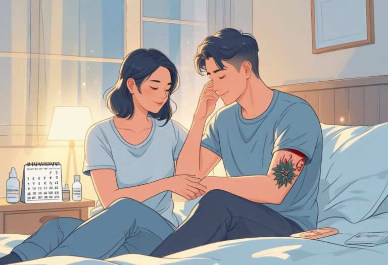 Um casal em um quarto, um deles tocando suavemente uma tatuagem recente no braço, com um calendário ao lado mostrando a passagem dos dias.