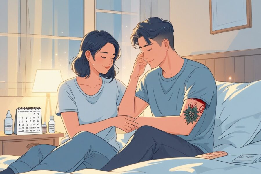 Um casal em um quarto, um deles tocando suavemente uma tatuagem recente no braço, com um calendário ao lado mostrando a passagem dos dias.