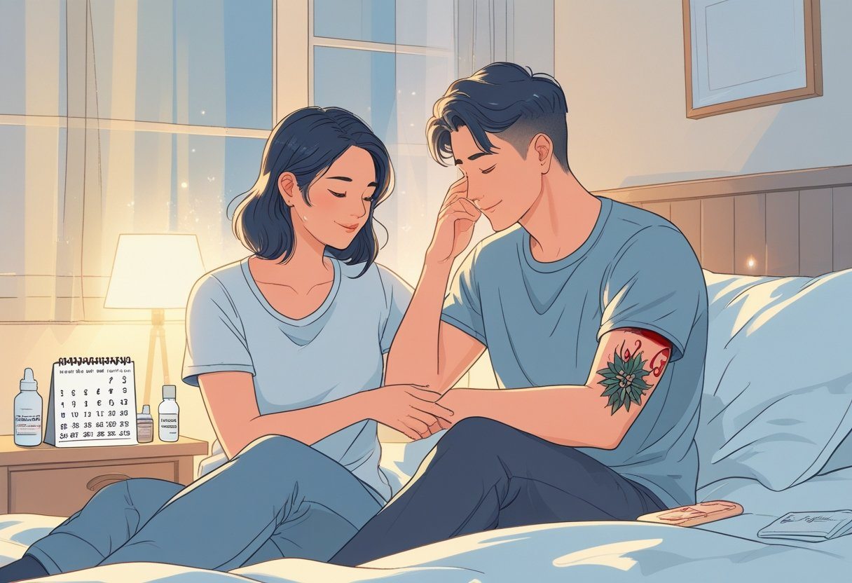 Um casal em um quarto, um deles tocando suavemente uma tatuagem recente no braço, com um calendário ao lado mostrando a passagem dos dias.