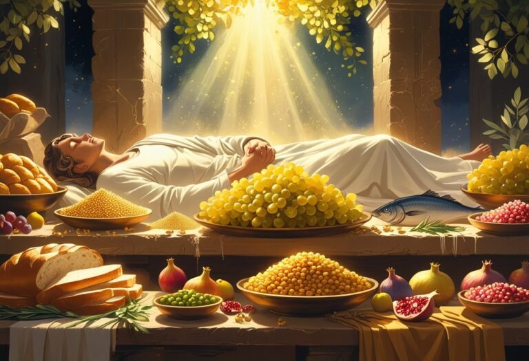 Pessoa dormindo com uma visão de muita comida abundante acima, incluindo pães, frutas e peixes, em um cenário que lembra a antiguidade bíblica.