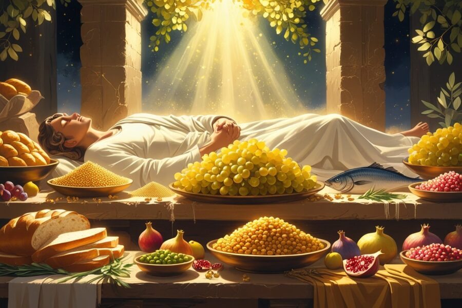 Pessoa dormindo com uma visão de muita comida abundante acima, incluindo pães, frutas e peixes, em um cenário que lembra a antiguidade bíblica.