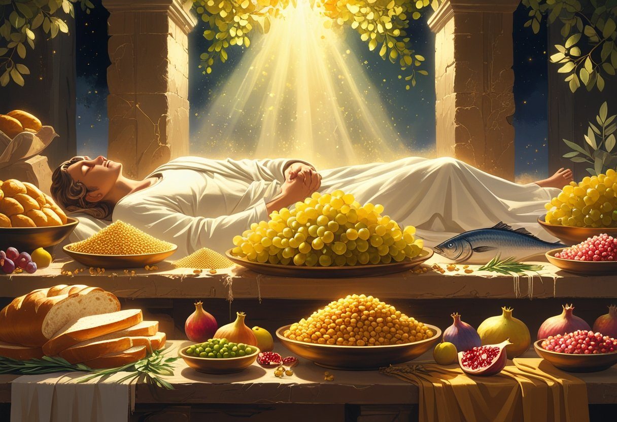 Pessoa dormindo com uma visão de muita comida abundante acima, incluindo pães, frutas e peixes, em um cenário que lembra a antiguidade bíblica.