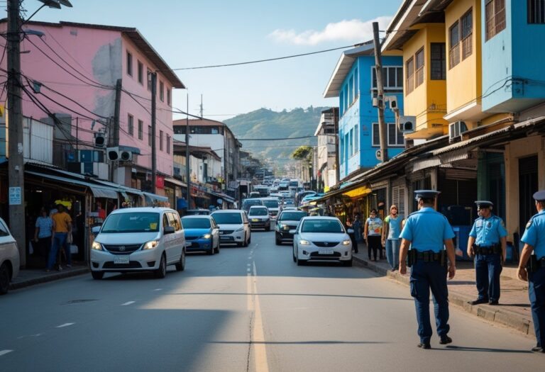 Rua movimentada em Nova Iguaçu com pedestres, veículos, lojas e policiais visíveis, mostrando uma cena urbana típica durante o dia.