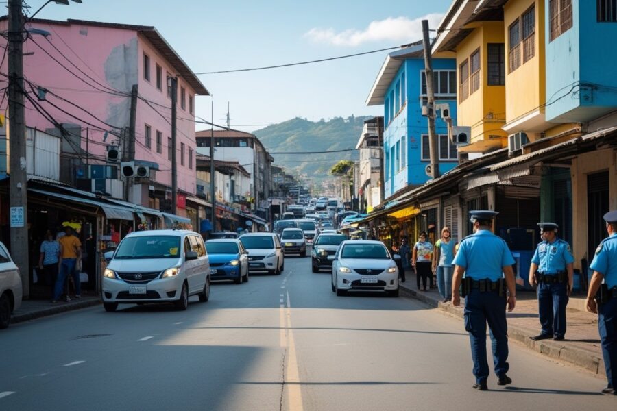 Rua movimentada em Nova Iguaçu com pedestres, veículos, lojas e policiais visíveis, mostrando uma cena urbana típica durante o dia.
