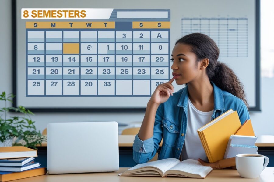 Estudante jovem olhando para um calendário em uma sala de estudo organizada com livros e laptop sobre a mesa.