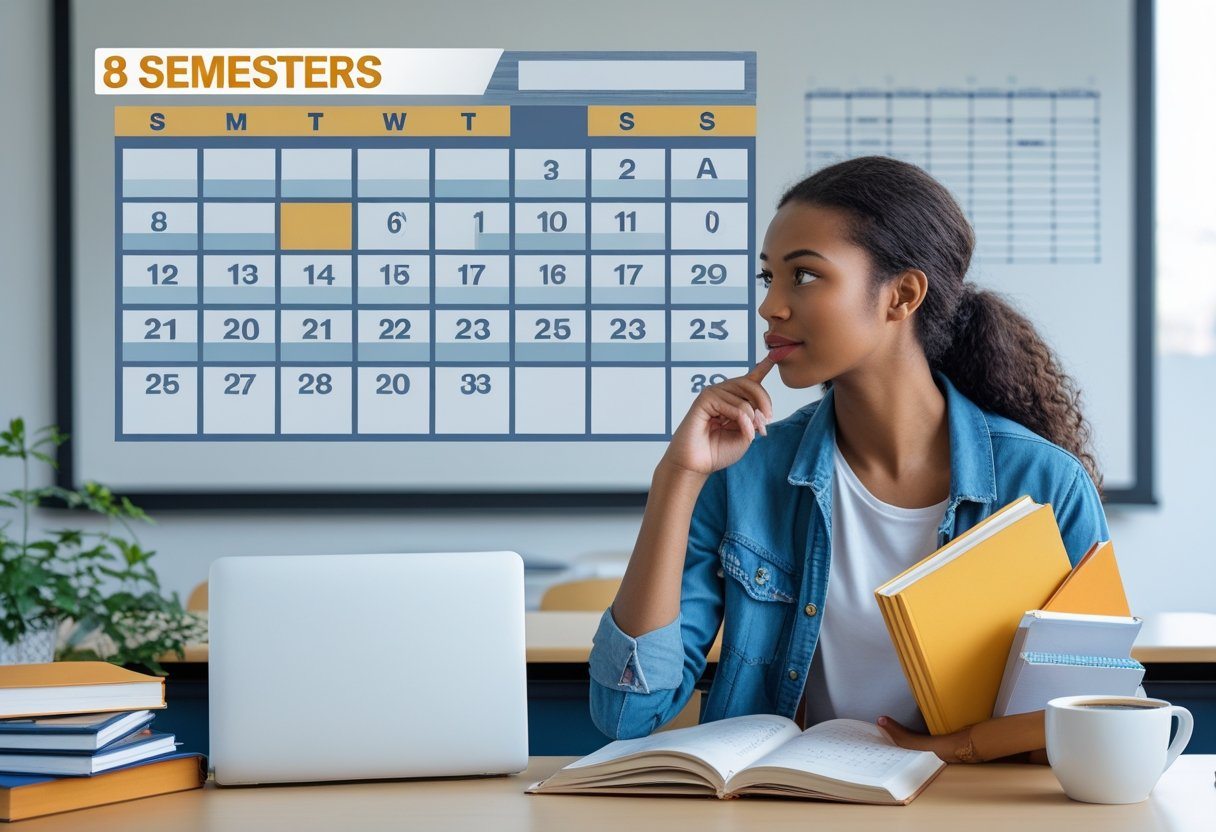 Estudante jovem olhando para um calendário em uma sala de estudo organizada com livros e laptop sobre a mesa.