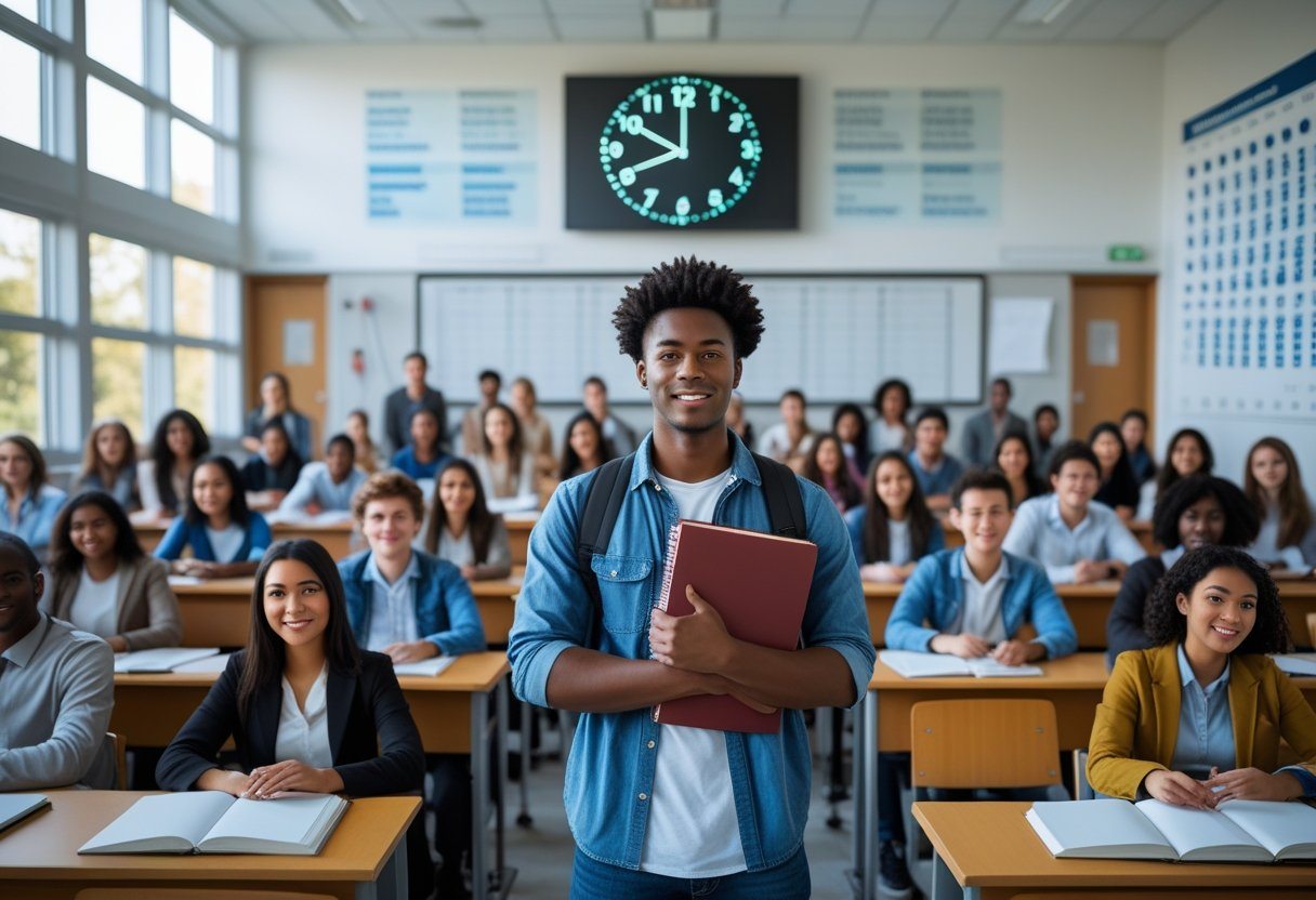 Sala de aula universitária com estudantes atentos e um estudante segurando livros, representando progresso acadêmico e passagem do tempo.